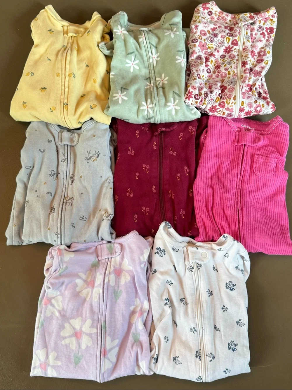 Carter's Set Of 8 Long Pants/Sleeve Footie Pjs-Girls 2 Way Zipper